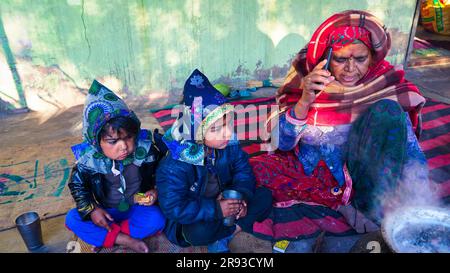 Großmutter ruft mit zwei Kindern an, indische oder asiatische Seniorin, die Zeit mit ihren Enkelkindern verbringt Stockfoto