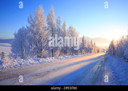 Morgensonne und verschneite Straße Stockfoto