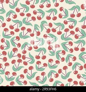 Handgezeichnetes nahtloses Muster mit roten Kirschbeeren, grünen Blättern auf beigefarbenem Hintergrund. Retro-Design in neutralen Pastelltönen für die Einrichtung in der Küche, Kirschen und süße, einfache, minimalistische Sommerkunst Stockfoto