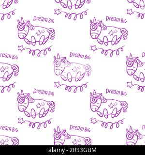 Süße, nahtlose Vektormuster-Hintergrunddarstellung mit Einhörnern und Sternen Stock Vektor