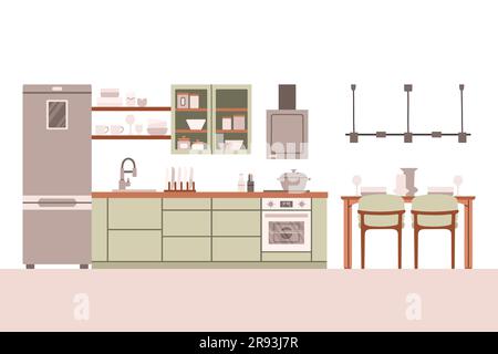 Küche mit Möbeln. Gemütliche Küche mit Tisch, Herd, Schrank, Geschirr und Kühlschrank. Flacher Vektor. Stock Vektor