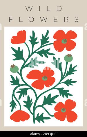 Vektor-Wanddruck im Vintage-Stil mit Blumen, Mohnblumen, Kisten, Blättern und abstrakten Formen. Leuchtende Wellen Pflanzen für Stempel, Banner, Karte, Poster. Stock Vektor