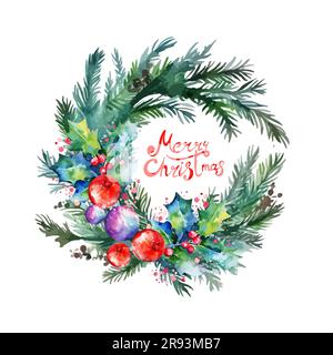 Der Aquarellkranz der Tannenäste. Fichte Neujahrskranz. Dekoratives Element. Vektordarstellung. Stock Vektor