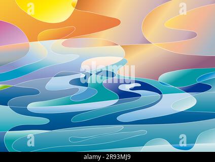 Abstrakter geometrischer, farbenfroher Vektorhintergrund. Sonne und Sturm auf dem Meer in hellen Farben mit Flecken in verschiedenen Farben und weißen Umrissen. Chaoti Stock Vektor