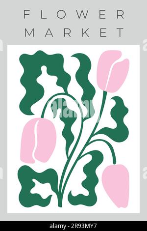 Vektor-Wanddruck im Vintage-Stil mit Blumen, Tulpen, Wellenblättern und abstrakten Formen. Einfache Pflanzenform für Stempel, Banner, Karte, Poster. Stock Vektor