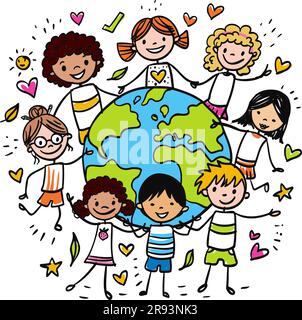 Happy Earth Day - handgezeichnetes Banner mit multiethnischen Kindern, die die Umwelt und die Liebe schützen. Darstellung der farbigen Vektorskizze mit verschiedenen Darstellungen Stock Vektor
