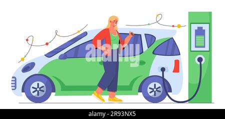 Frau mit Elektrofahrzeugkonzept Stock Vektor