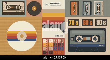 Verschiedene altmodische Gegenstände im Retro-Stil. Konzept im Retro- oder Vintage-Stil Stock Vektor