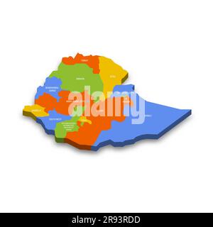 Äthiopien: Politische Karte der Verwaltungsabteilungen - Regionen und Charterstädte. Farbenfrohe 3D-Vektorkarte mit Ländernamen und Schatten. Stock Vektor