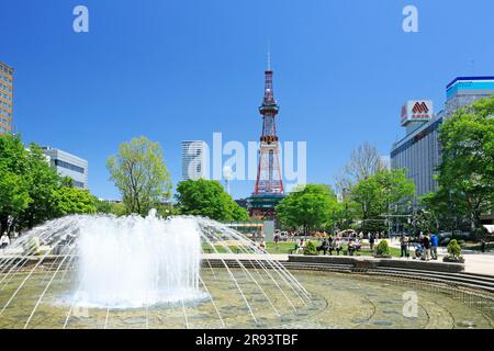 Sapporo Fernsehturm und Odori Park Brunnen Stockfoto