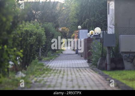 Straßenbelag umgeben von Pflanzen und einer Grenzwand von Wohnungen in einer italienischen Stadt bei Sonnenuntergang Stockfoto