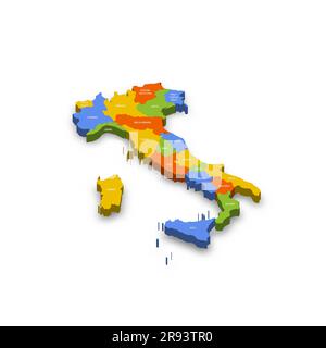 Italien: Politische Karte der Verwaltungsabteilungen - Regionen. Farbenfrohe 3D-Vektorkarte mit Ländernamen und Schatten. Stock Vektor