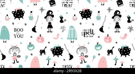 Handgezeichnetes nahtloses Halloween-Muster mit Katzen, Mützen, Fledermäusen und Dekorationen – ideal für Textilien, Banner, Tapeten, Umschläge – Vektordesign Stock Vektor