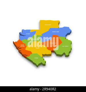 Gabun politische Karte der Verwaltungsabteilungen - Provinzen. Farbenfrohe 3D-Vektorkarte mit Ländernamen und Schatten. Stock Vektor
