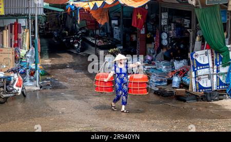 Eine Frau bringt Lebensmittel zum Verkauf auf einem Markt in der Provinz Phu Tho, Vietnam Stockfoto