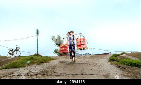 Eine Frau bringt Lebensmittel zum Verkauf auf einem Markt in der Provinz Phu Tho, Vietnam Stockfoto