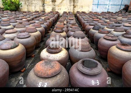 Traditionelle Sojasockenfabrik, in der Sojabohnen zur Herstellung der Sojasoße fermentiert werden, die in Vietnam in einer Sojasockenfabrik in Hung verwendet wird Stockfoto