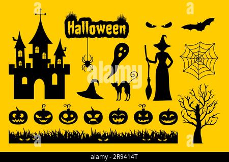 Kollektion schwarzer Halloween-Silhouetten auf gelbem Hintergrund. Vektordarstellung Stock Vektor