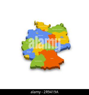 Die deutsche politische Karte der Verwaltungsabteilungen - Bundesländer. Farbenfrohe 3D-Vektorkarte mit Ländernamen und Schatten. Stock Vektor