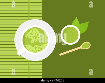 Japanischer grüner Matcha-Tee in einer Tasse, Pulver in einer Untertasse, Bambuslöffel und Bambusmatte auf grünem Hintergrund. Draufsicht Stock Vektor