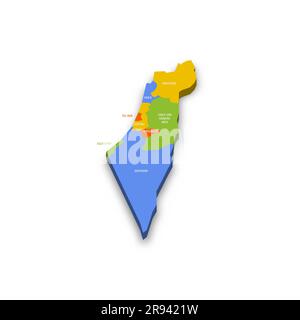 Politische Karte Israels mit Verwaltungsbezirken - Bezirke, Gazastreifen, Judäa und Samaria. Farbenfrohe 3D-Vektorkarte mit Ländernamen und Schatten. Stock Vektor