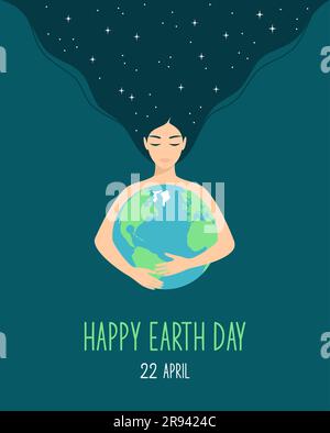 Schöne Frau mit langen Sternenhaaren und geschlossenen Augen, die den Planeten Erde umarmt. Earth Day-Konzept. Abbildung eines flachen Vektors Stock Vektor