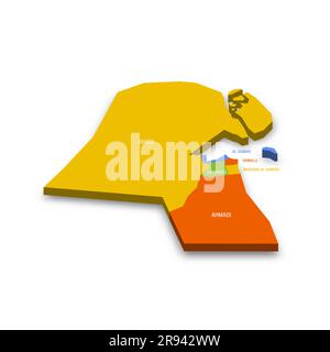 Politische Karte der Verwaltungseinheiten Kuwait - Gouverneure. Farbenfrohe 3D-Vektorkarte mit Ländernamen und Schatten. Stock Vektor