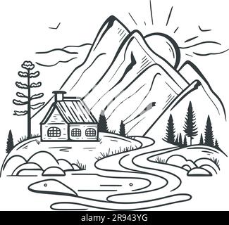 Hütte in den Bergen, schwarze Skizze auf weißem Hintergrund. Ländliches Haus in Bergregion mit Fluss. Handgezeichnete ländliche Landschaft. Landschaftsbild handgezeichnet Stock Vektor