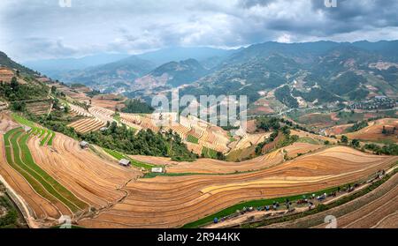 Terrassenförmige Felder während der Bewässerungssaison in De Xu Phinh, Mu Cang Chai, Yen Bai, Vietnam Stockfoto