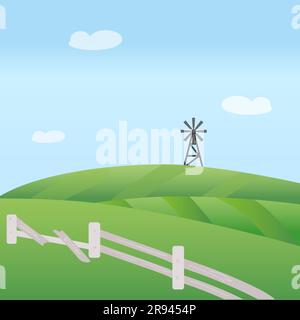 Grünfeld der Vektorfarm mit gebrochenem weißen Holzzaun und grauer Windmühle. Blauer Himmel mit weißen Wolken. EPS10 Stock Vektor