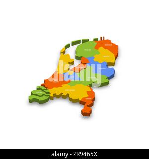 Niederländische politische Karte der Verwaltungsabteilungen - Provinzen. Farbenfrohe 3D-Vektorkarte mit Ländernamen und Schatten. Stock Vektor