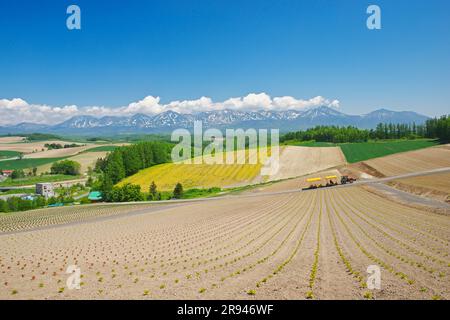 Shikisainooka Hill und Tokachidakerenpo Mountain Range Stockfoto