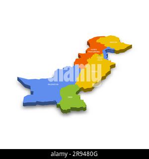 Politische Karte der Verwaltungseinheiten - Provinzen und autonome Gebiete in Pakistan. Farbenfrohe 3D-Vektorkarte mit Ländernamen und Schatten. Stock Vektor