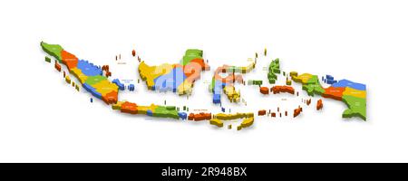 Politische Karte Indonesiens der Verwaltungsabteilungen - Provinzen und Sonderregionen. Farbenfrohe 3D-Vektorkarte mit Ländernamen und Schatten. Stock Vektor