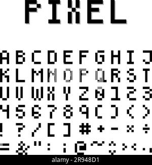 Pixel Art, 8-Bit-Schriftart. Großbuchstaben mit Symbolen. Vektor für Konstruktion. Stock Vektor