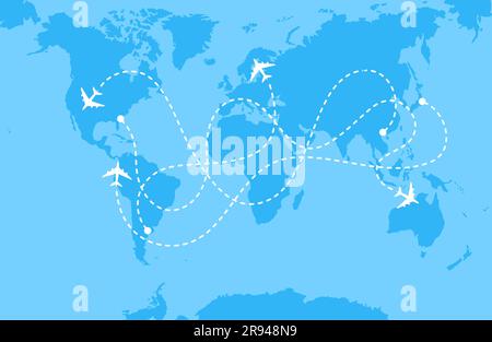 Weiße Flugzeuge und Linien von Flugstrecken auf einer blauen Weltkarte. Vektordarstellung Stock Vektor