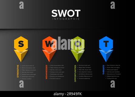 Schemavorlage für Vector-SWOT-Diagramm (Strengths, Weaknesses, Opportunities, Threats) aus vier farbigen Sechseck-Zeigern mit großen Buchstaben auf dunkler Seite Stock Vektor