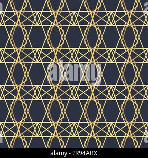 Abstraktes geometrisches Muster mit Linien, Rhombussen. Vektormuster mit goldenen Verzierungen auf dunkelblauem Hintergrund. Ein nahtloser Vektorhintergrund. Stock Vektor