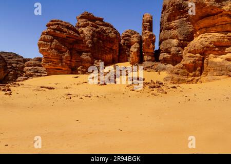 Steinwald. Ein Sandstein Felsformationen und Klippen in erstaunlichen Formen. Tadrart Berge. Tassili N'Ajjer Nationalpark. Algerien Stockfoto