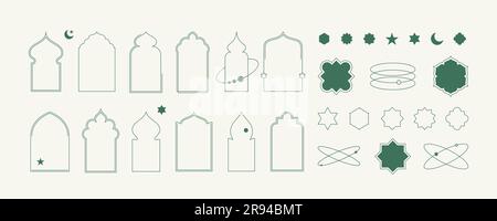 Islamische Fensterrahmen mit moderner Kollektion aus Stern- und Mondboho-Elementen. Die geometrische Bogentür im arabischen Stil formt Silhouetten Stock Vektor