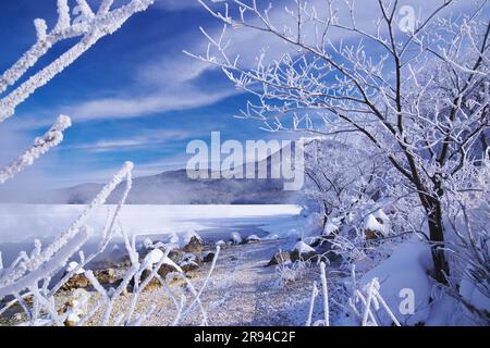 Akan-See, Bokke und Mt. Oakantake Stockfoto