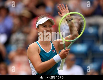 Barbora Krejcikova aus der Tschechischen Republik feiert den sechsten Tag des Rothesay Classic Birmingham im Edgbaston Priory Club, nachdem sie das Halbfinale der Frauen gegen den chinesischen Lin Zhu gewonnen hat. Foto: Samstag, 24. Juni 2023. Stockfoto