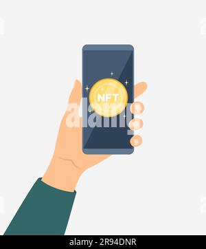 Smartphone in der Hand mit nicht fungierbarem Token auf dem Bildschirm. NFT-Konzept. Abbildung eines flachen Vektors Stock Vektor