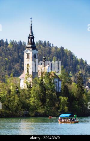 Bled, Oberkarniola, Slowenien. Kirche der Himmelfahrt auf der Insel Bled. Touristen genießen einen Bootsausflug in einem traditionellen Boot, bekannt als Pletna. Stockfoto