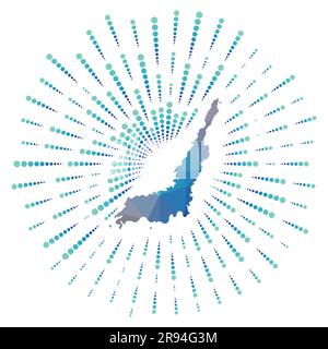 Die Form von Lempriv, polygonaler Sonnenaufgang. Karte der Insel mit bunten Sternrochen. Lemspezif-Illustration in Digital, Technologie, Internet, Netzwerkstil. V Stock Vektor