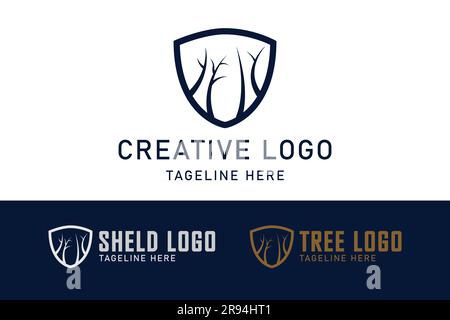Logo mit Schildkombination und Baum. Logo-Design für Naturschutz. monogramm-Logo-Design. Creative Logo Professional. Einfache Konstruktion bearbeitbar Stock Vektor