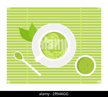 Japanischer grüner Matcha-Tee in einer Tasse, verziert mit Blättern, Pulver in einer Untertasse, Löffel und grüner Bambusmatte auf weißem Hintergrund. Draufsicht Stock Vektor