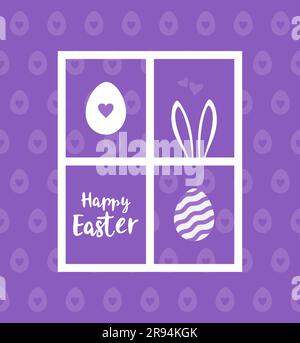 Frohe Ostergrußkarte. Weißer Text, Eier und Häschenohren im Fenster auf lila Hintergrund Stock Vektor