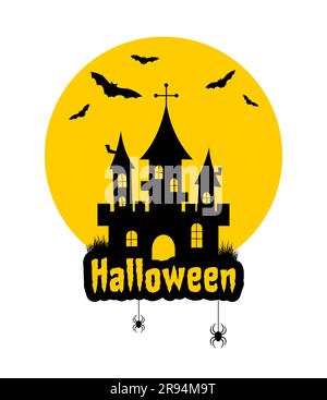 Schwarze Silhouetten von Schloss, Spinnen, Fledermäusen und gelbem Vollmond auf weißem Hintergrund. Flache Halloween-Illustration Stock Vektor