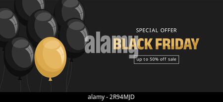 Black friday-Sale-Banner. Schwarze Ballons mit einem goldenen auf schwarzem Hintergrund mit Typografie. Abbildung eines flachen Vektors Stock Vektor